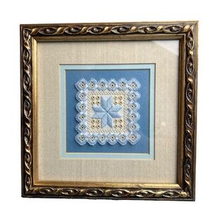HARDANGER Estate Handmade Blue White Doily Norway Embroidery Prof Gold Framed
